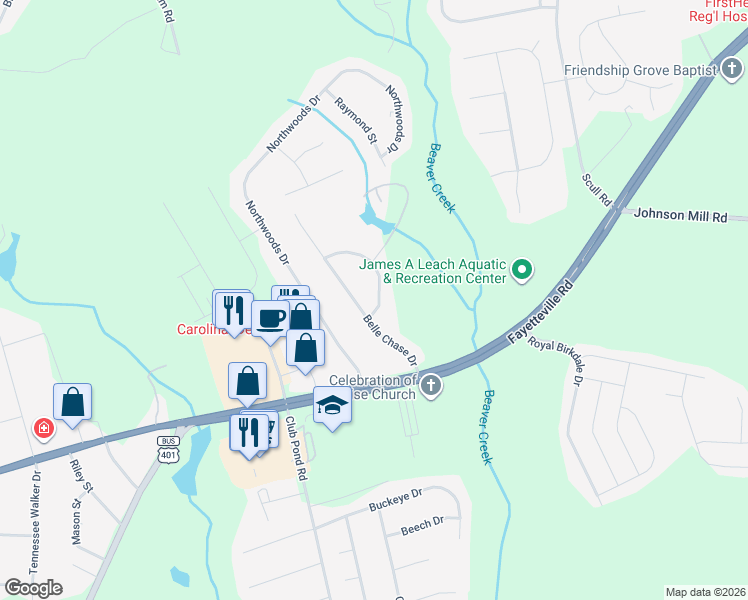 map of restaurants, bars, coffee shops, grocery stores, and more near 119 Tulane Drive in Raeford