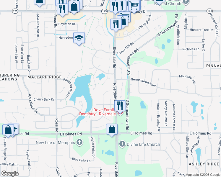 map of restaurants, bars, coffee shops, grocery stores, and more near 5035 Overview Ridge Cove in Memphis