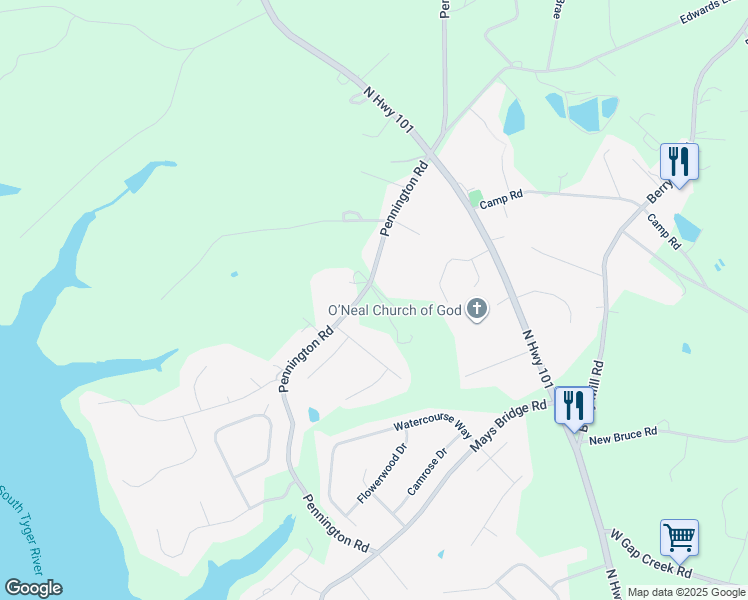 map of restaurants, bars, coffee shops, grocery stores, and more near 3614 Pennington Road in Greer