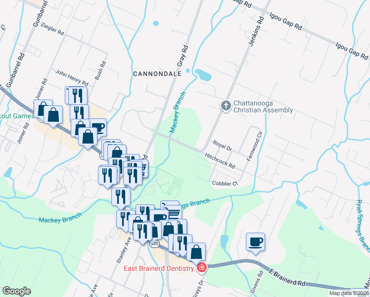 map of restaurants, bars, coffee shops, grocery stores, and more near 1519 Jenkins Road in Chattanooga