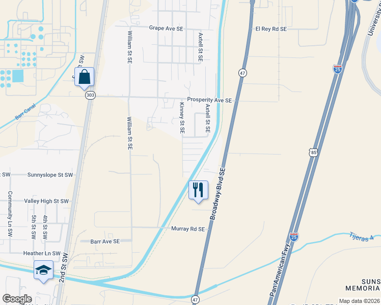 map of restaurants, bars, coffee shops, grocery stores, and more near 605 Valplano Road Southeast in Albuquerque