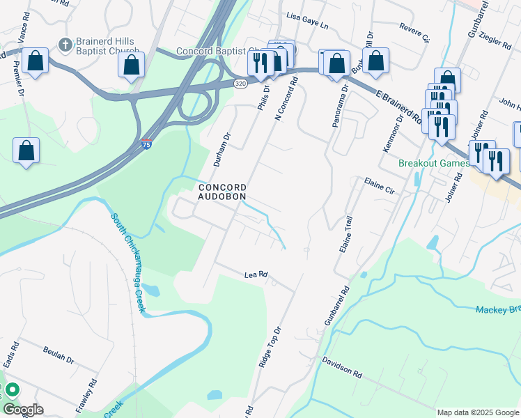 map of restaurants, bars, coffee shops, grocery stores, and more near 7138 Holland Lane in Chattanooga