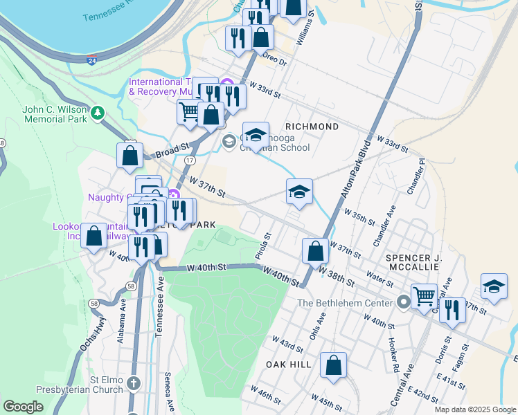 map of restaurants, bars, coffee shops, grocery stores, and more near 1025 West 37th Street in Chattanooga