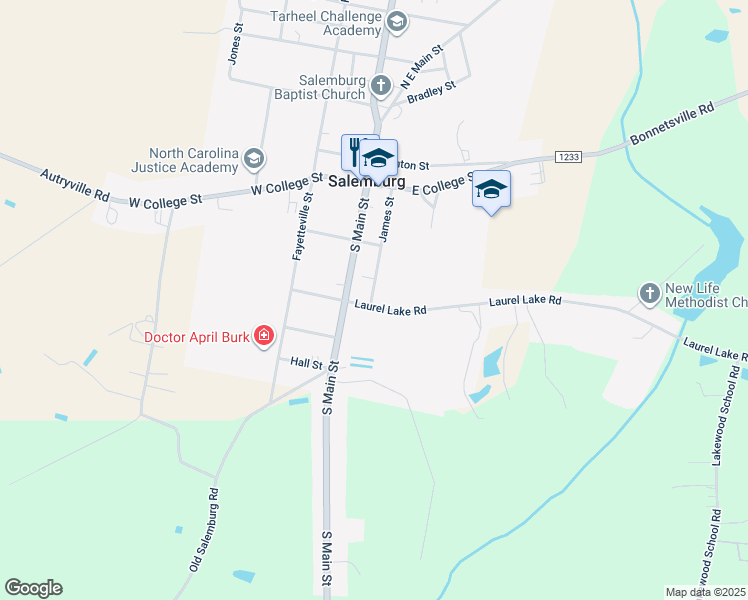 map of restaurants, bars, coffee shops, grocery stores, and more near 203 Laurel Lake Road in Salemburg
