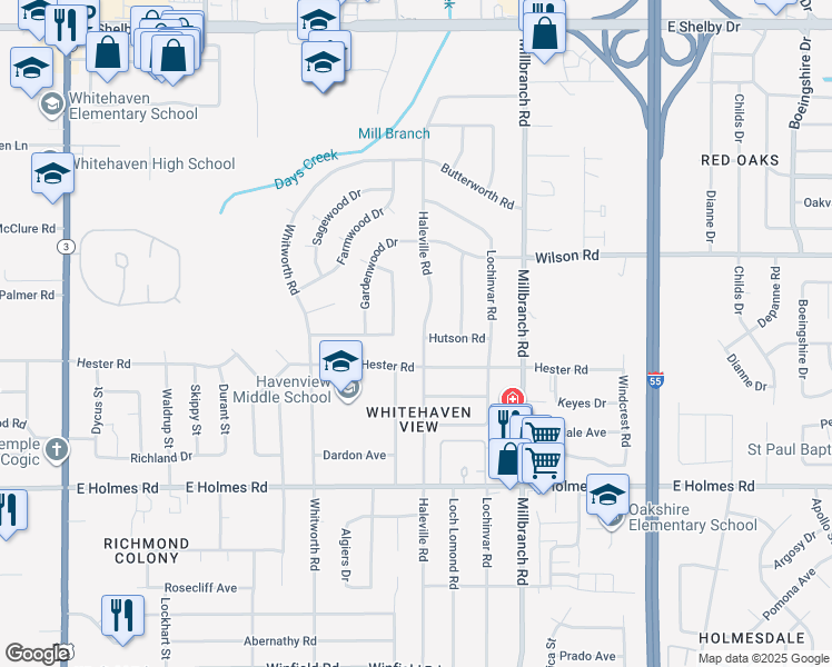 map of restaurants, bars, coffee shops, grocery stores, and more near 5027 Haleville Road in Memphis