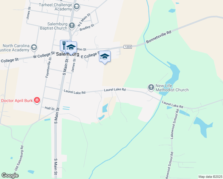 map of restaurants, bars, coffee shops, grocery stores, and more near 400 Laurel Lake Road in Salemburg