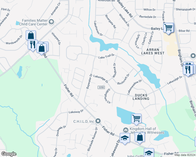 map of restaurants, bars, coffee shops, grocery stores, and more near 2117 Lakeridge Drive in Fayetteville