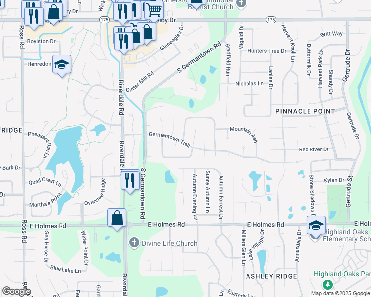 map of restaurants, bars, coffee shops, grocery stores, and more near 7127 Germantown Trail in Memphis