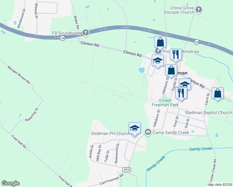 map of restaurants, bars, coffee shops, grocery stores, and more near 5054 Front Street in Stedman