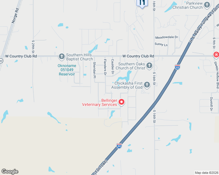 map of restaurants, bars, coffee shops, grocery stores, and more near 210 Willow Creek Road in Chickasha