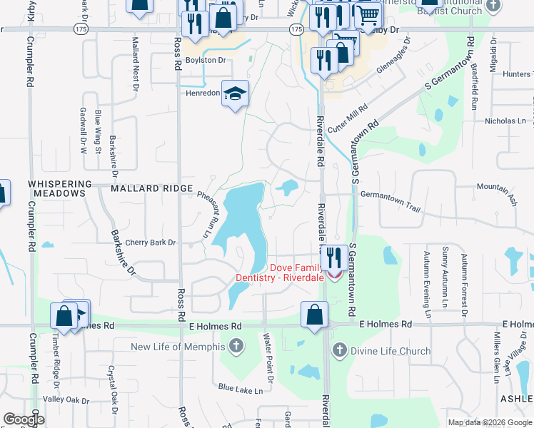 map of restaurants, bars, coffee shops, grocery stores, and more near 5031 Arbor Lake Drive in Memphis