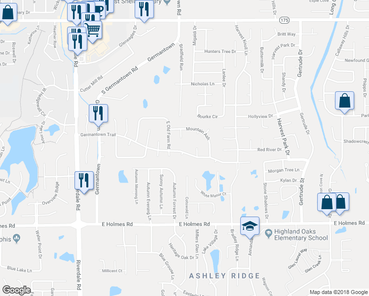 map of restaurants, bars, coffee shops, grocery stores, and more near 7238 Germantown Trail in Memphis