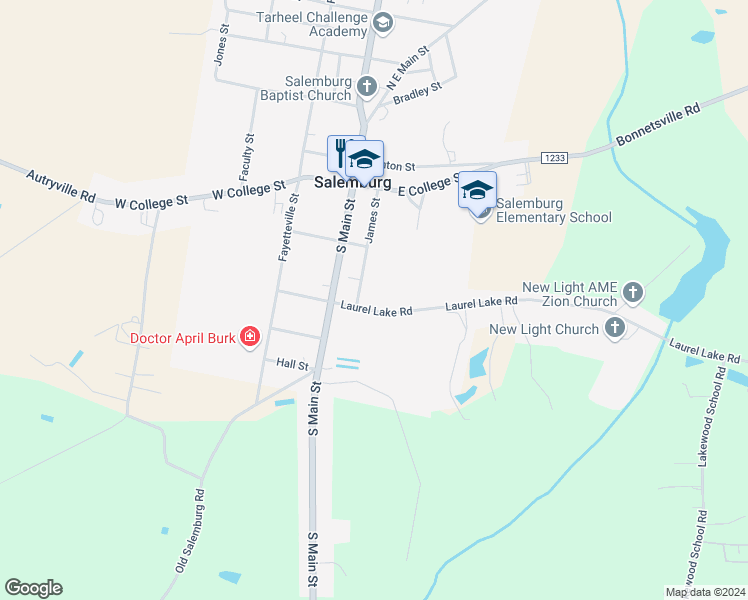 map of restaurants, bars, coffee shops, grocery stores, and more near 203 Laurel Lake Road in Salemburg