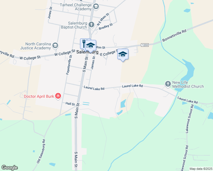 map of restaurants, bars, coffee shops, grocery stores, and more near 307 Laurel Lake Road in Salemburg