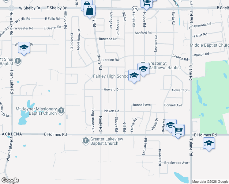 map of restaurants, bars, coffee shops, grocery stores, and more near 5027 Stacey Road in Memphis