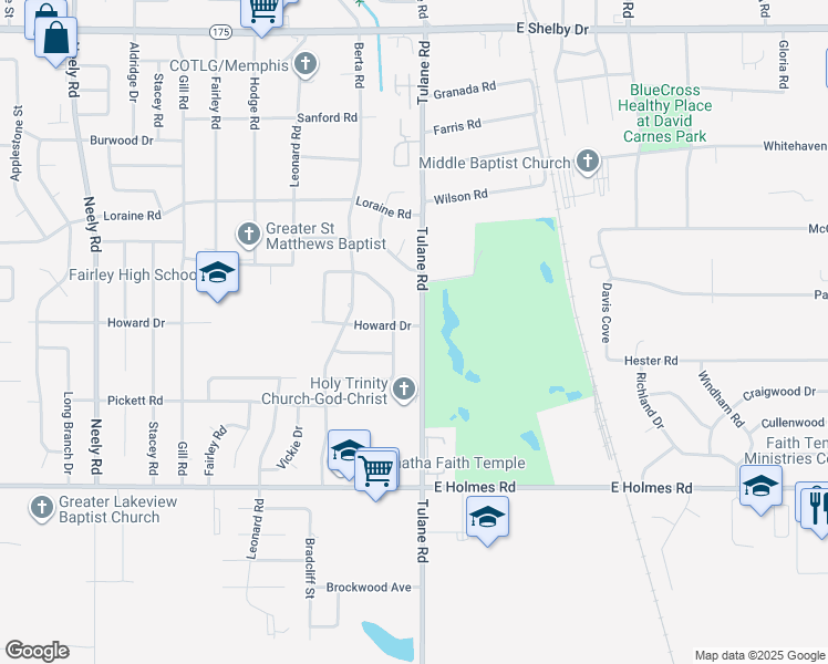 map of restaurants, bars, coffee shops, grocery stores, and more near 615 Howard Drive in Memphis