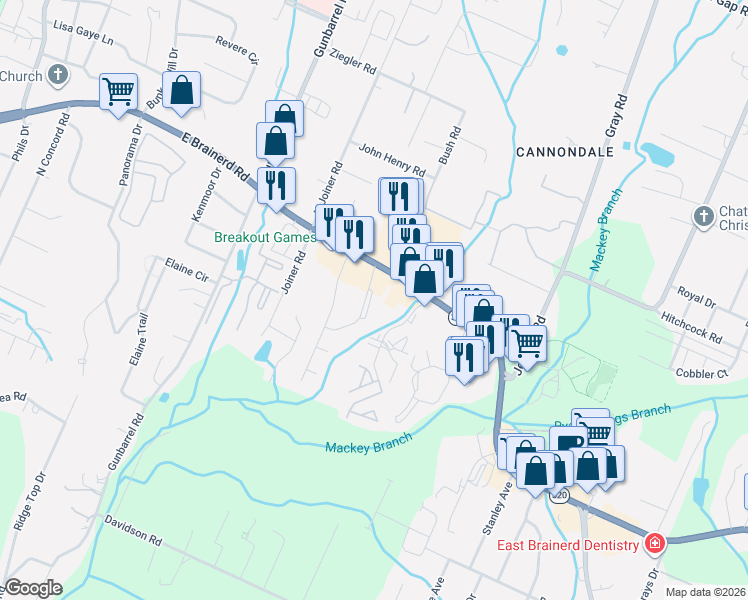 map of restaurants, bars, coffee shops, grocery stores, and more near 7630 East Brainerd Road in Chattanooga
