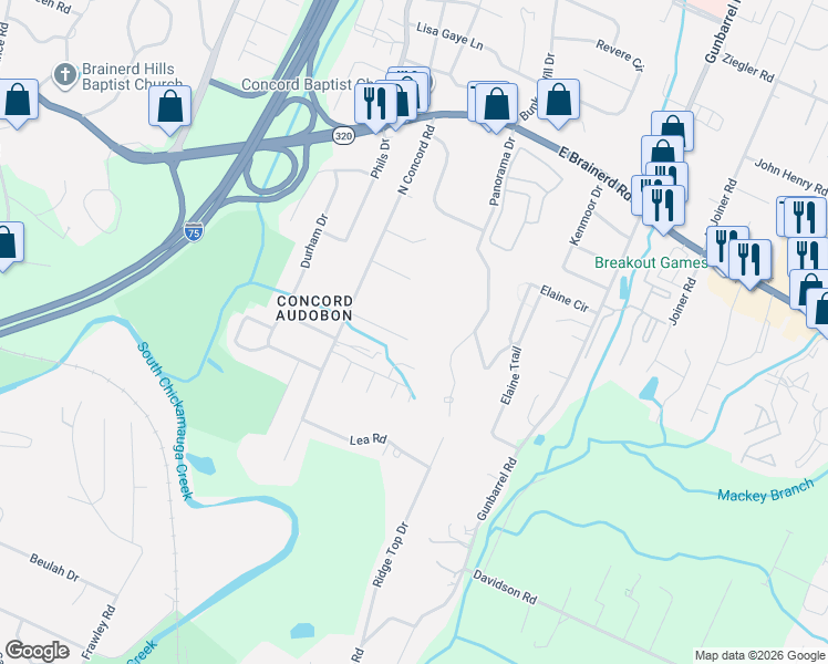 map of restaurants, bars, coffee shops, grocery stores, and more near 7113 Holland Lane in Chattanooga