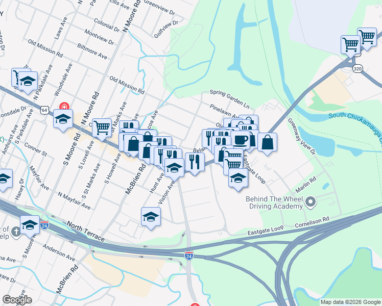 map of restaurants, bars, coffee shops, grocery stores, and more near 5500 Belaire Drive in Chattanooga