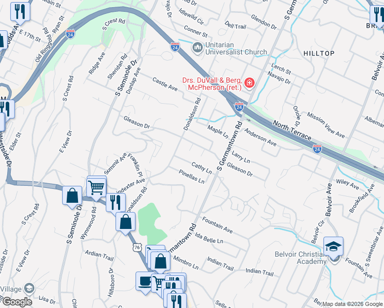 map of restaurants, bars, coffee shops, grocery stores, and more near 805 Eileen Lane in Chattanooga