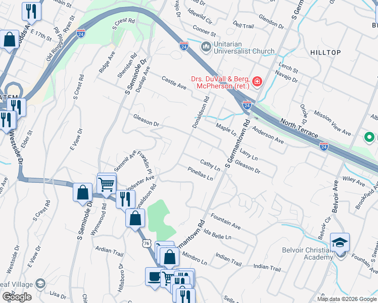 map of restaurants, bars, coffee shops, grocery stores, and more near 805 Eileen Lane in Chattanooga