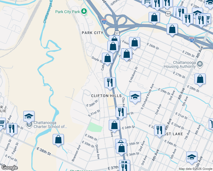 map of restaurants, bars, coffee shops, grocery stores, and more near 2909 Rossville Boulevard in Chattanooga