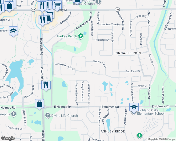 map of restaurants, bars, coffee shops, grocery stores, and more near 5014 East Old Farm Road in Memphis