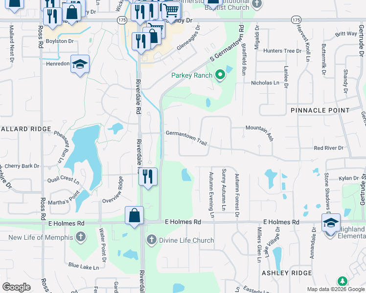 map of restaurants, bars, coffee shops, grocery stores, and more near 5014 Cottage Lane in Memphis