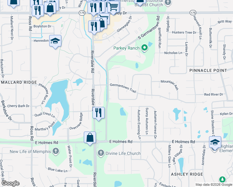 map of restaurants, bars, coffee shops, grocery stores, and more near 5014 Cottage Lane in Memphis