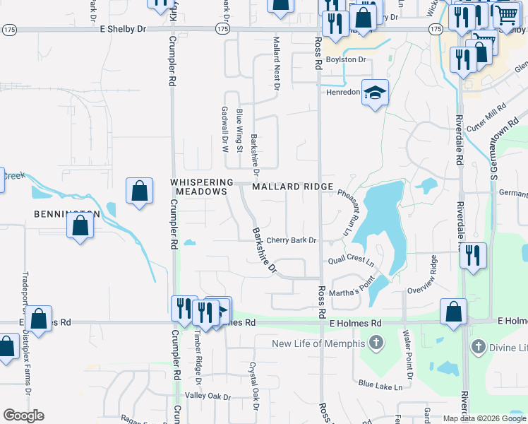 map of restaurants, bars, coffee shops, grocery stores, and more near 6621 Mistletoe Cove in Memphis