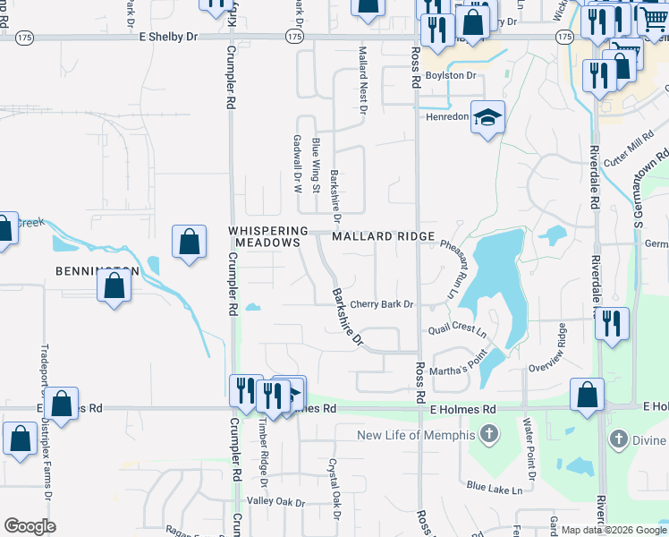 map of restaurants, bars, coffee shops, grocery stores, and more near 5022 Barkshire Drive in Memphis
