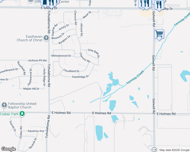 map of restaurants, bars, coffee shops, grocery stores, and more near 3481 Dawnridge Drive in Memphis