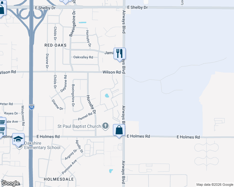 map of restaurants, bars, coffee shops, grocery stores, and more near 5001 Airways Boulevard in Memphis