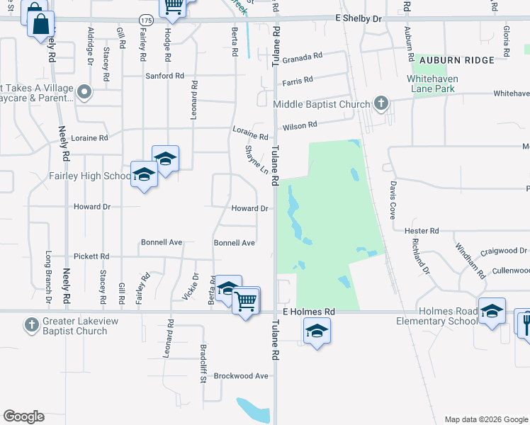 map of restaurants, bars, coffee shops, grocery stores, and more near 615 Howard Drive in Memphis