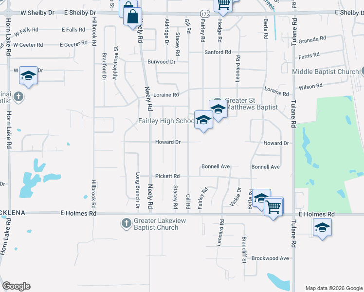 map of restaurants, bars, coffee shops, grocery stores, and more near 5025 Gill Road in Memphis