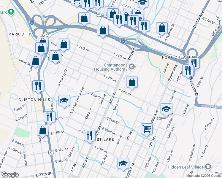 map of restaurants, bars, coffee shops, grocery stores, and more near 2140 East 28th Street in Chattanooga