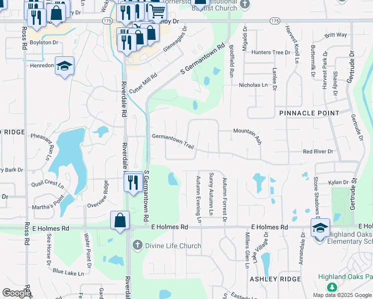 map of restaurants, bars, coffee shops, grocery stores, and more near 7121 Germantown Trail in Memphis