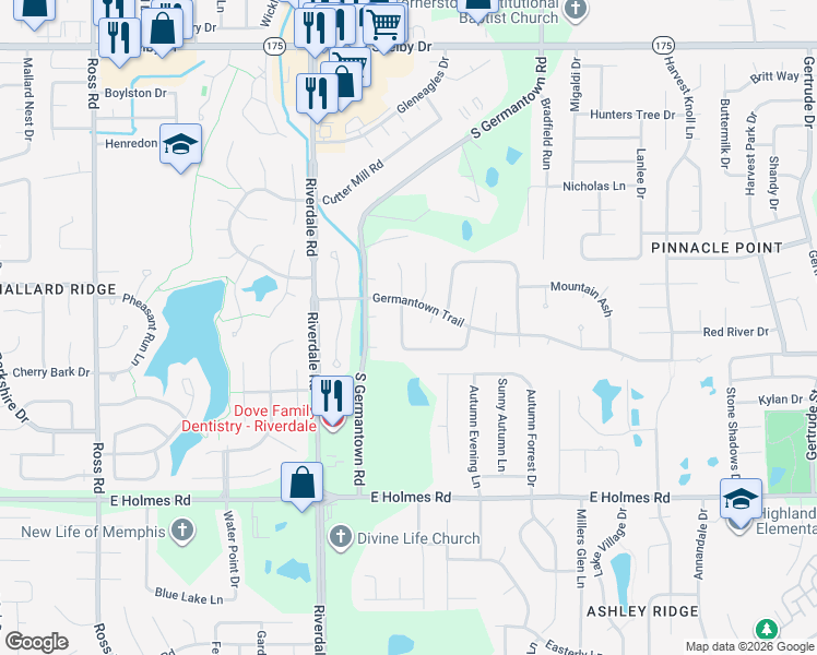map of restaurants, bars, coffee shops, grocery stores, and more near 5014 Cottage Lane in Memphis