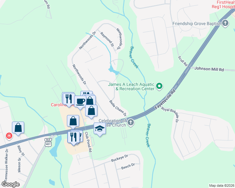 map of restaurants, bars, coffee shops, grocery stores, and more near 130 Tulane Drive in Raeford