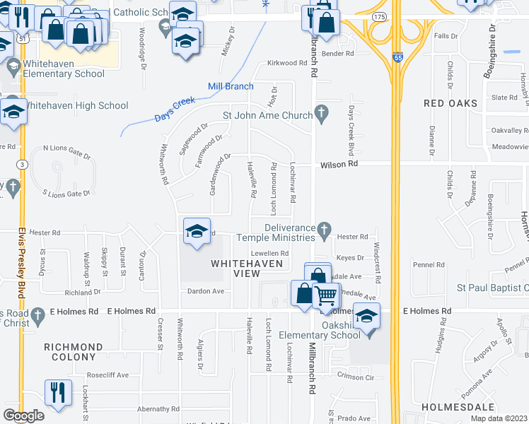 map of restaurants, bars, coffee shops, grocery stores, and more near 1596 Hutson Road in Memphis