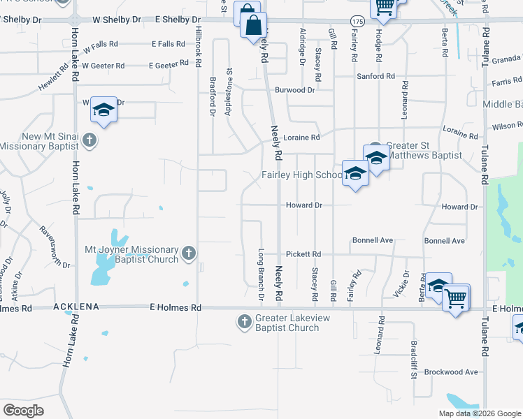 map of restaurants, bars, coffee shops, grocery stores, and more near 215 Howard Drive in Memphis