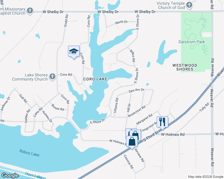 map of restaurants, bars, coffee shops, grocery stores, and more near 5041 East Shore Drive in Memphis