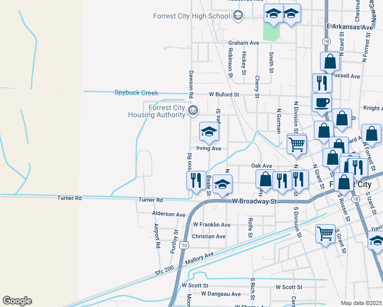 map of restaurants, bars, coffee shops, grocery stores, and more near 400 Dawson Road in Forrest City