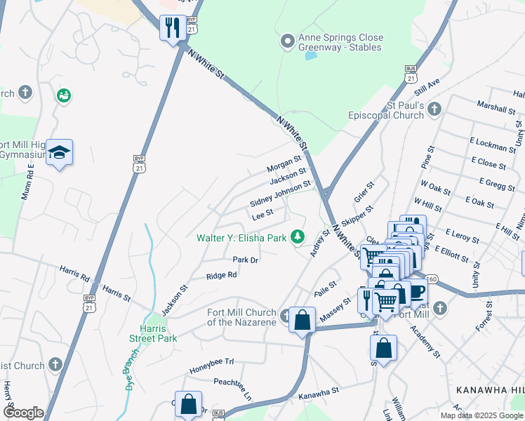 map of restaurants, bars, coffee shops, grocery stores, and more near 206 Lee Street in Fort Mill