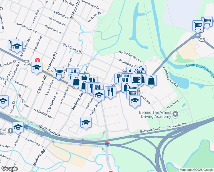 map of restaurants, bars, coffee shops, grocery stores, and more near 5500 Belaire Drive in Chattanooga