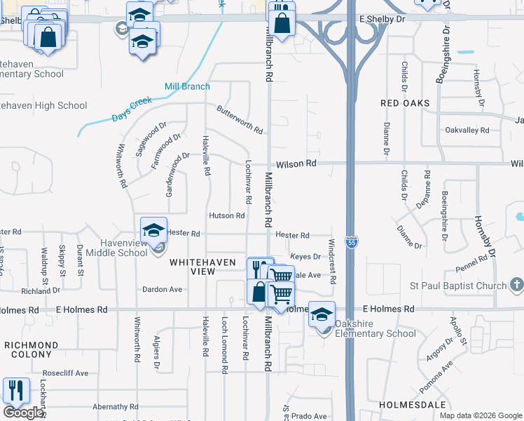 map of restaurants, bars, coffee shops, grocery stores, and more near 5018 Millbranch Road in Memphis