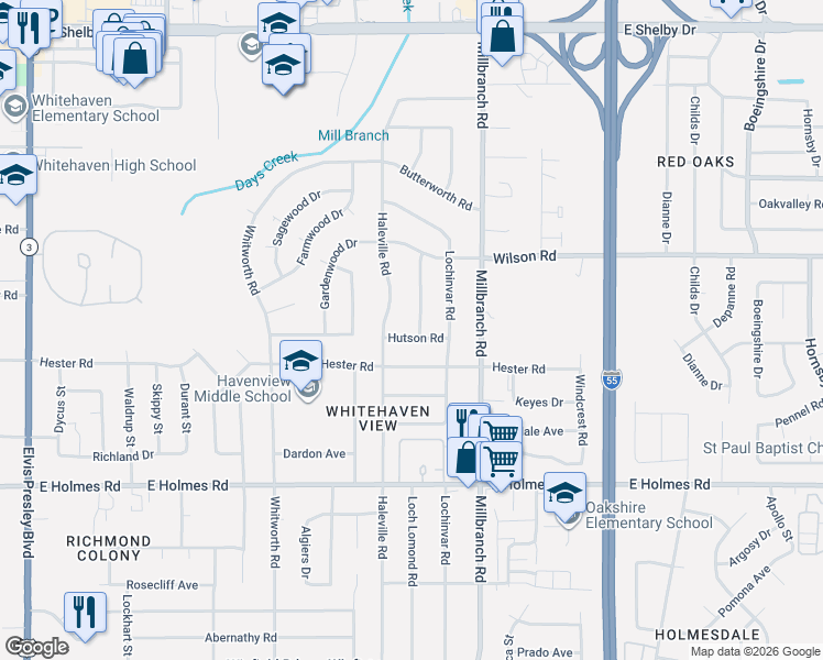 map of restaurants, bars, coffee shops, grocery stores, and more near 1596 Hutson Road in Memphis
