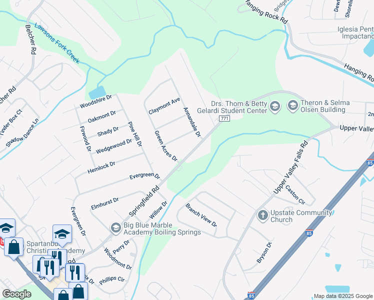 map of restaurants, bars, coffee shops, grocery stores, and more near 1606 Springfield Road in Boiling Springs