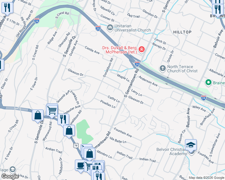 map of restaurants, bars, coffee shops, grocery stores, and more near 819 Darryl Lane in East Ridge