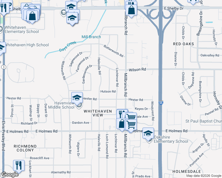 map of restaurants, bars, coffee shops, grocery stores, and more near 5026 Loch Lomond Road in Memphis